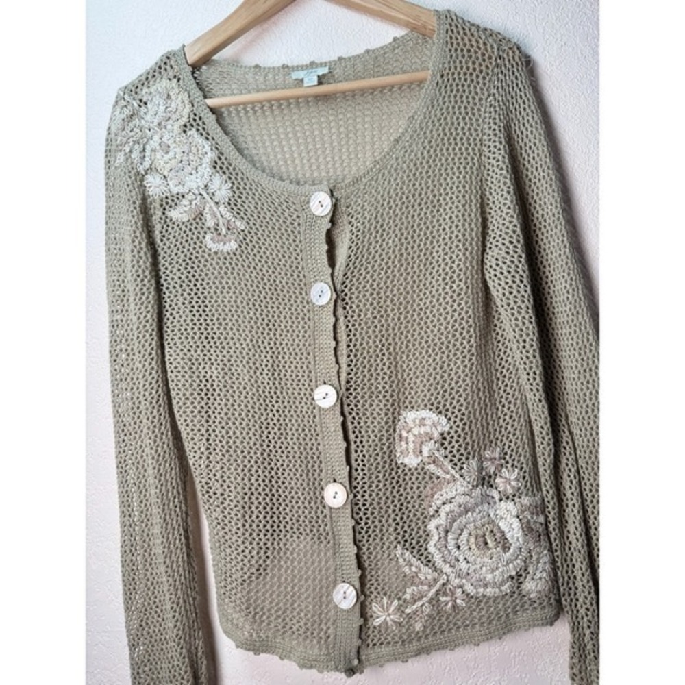 JJill Petite‎ SP Beige Crochet Cardigan Floral Embroidered Button Front Sweater